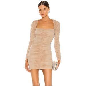 Michael Costello x Revolve Franky Ruched Tan Beige Nude Taupe Square Neck Dress